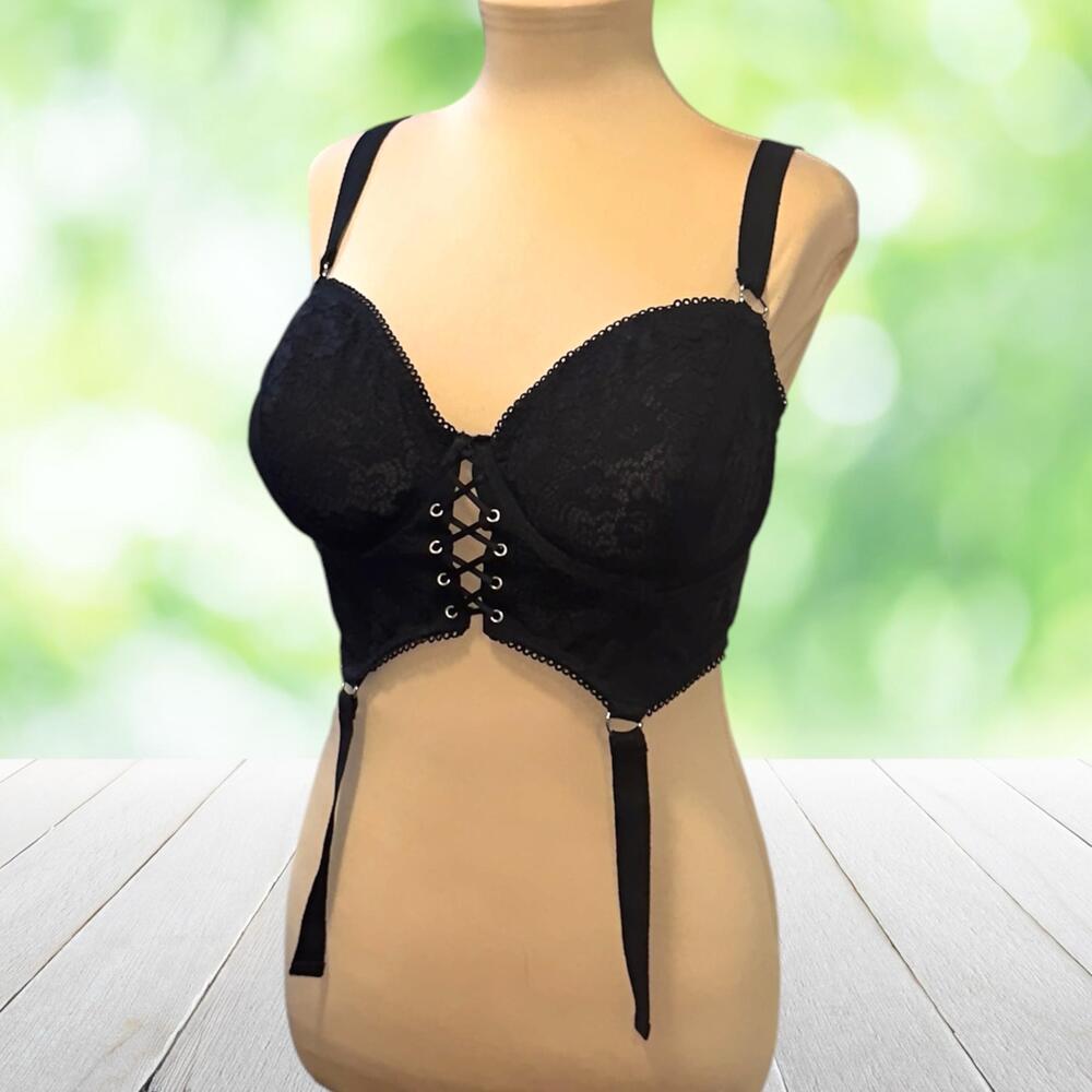 TORRID CURVE Longline Bra Lace Up Corset Bustier Black Lace Lingerie Plus 2X